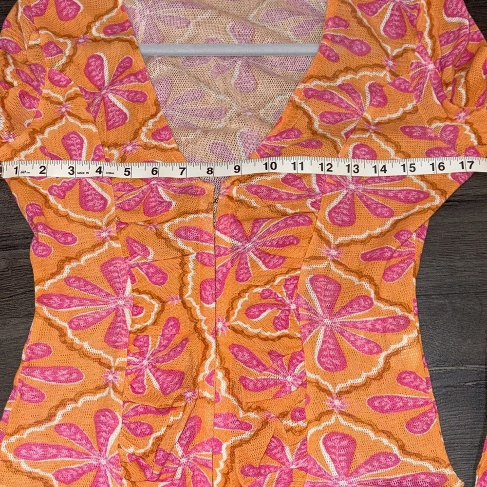 Free People NEW Through the Meadow Mesh Ruched Sleeve Top Size Small Orange/Pink